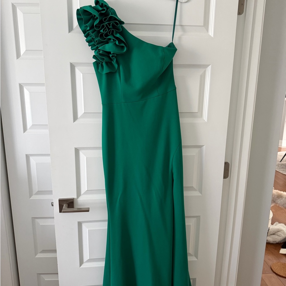 Xscape Emerald One-Shoulder Ruffle Gown
